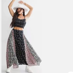 Free People Kaia Two Piece Black and Pink Floral Set  Skirt and Crop Top Size XL